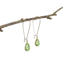 Load image into Gallery viewer, Earrings. Long Drop Hooped Ear Hook, Bronze Fixings. Soft Green Teardrop Style Stone.
