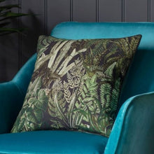 Load image into Gallery viewer, Cushion. Square Cotton Botanic, Tropical Jungle Print, Greens and Teals. Black Piping, Velvet Reverse
