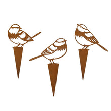 Load image into Gallery viewer, Pot Plant Bird Stakes, Rust Metal Finish, Set of 3 Bird Spikes Assorted, Ornamental.