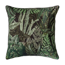 Load image into Gallery viewer, Cushion. Square Cotton Botanic, Tropical Jungle Print, Greens and Teals. Black Piping, Velvet Reverse
