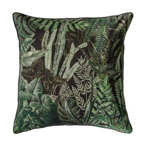 Cushion. Square Cotton Botanic, Tropical Jungle Print, Greens and Teals. Black Piping, Velvet Reverse
