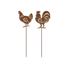 Load image into Gallery viewer, Pot Plant Flower Stakes, Rust Metal Finish, Set of 2 Chicken / Cockerel Spikes, Hens