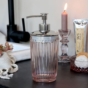 Soap Dispenser, Rose Pink Glass with 'Pearl Edge' & Groove Decoration, Danish Design