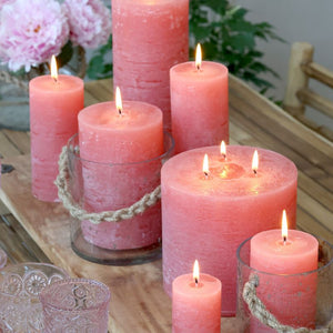 Candle, Rustic Pillar 16hrs burning time. Raspberry Pink