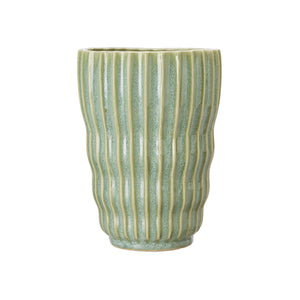 Plant Pot / Vase, Tall Ribbed Stoneware, Green