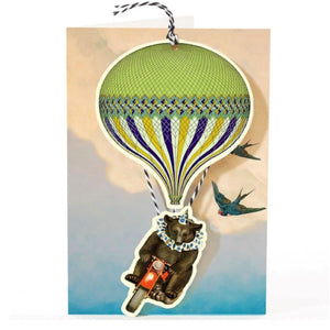 Greeting Card. Articulated Fandangles Brown Circus Bear with Hot Air Balloon.