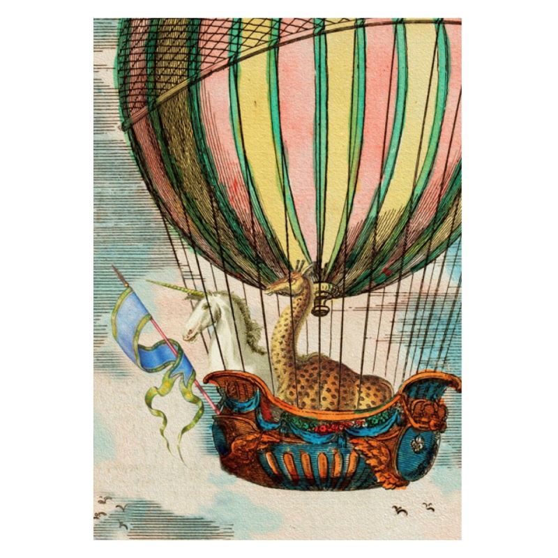 Greeting Card. Vintage Style Design. Unicorn in a Hot Air Balloon
