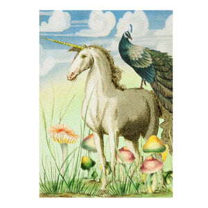 Greeting Card. Vintage Style Design. Unicorn and Peacock