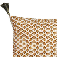Load image into Gallery viewer, Cushion. Rectangle Velvet Cushion. Cream and Orange 'Happiness' Pattern with Tassells. VF.