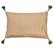 Load image into Gallery viewer, Cushion. Rectangle Velvet Cushion. Cream and Orange 'Happiness' Pattern with Tassells. VF.