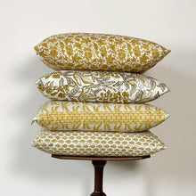 Load image into Gallery viewer, Cushion. Square Cotton, with Patterned Edge. Cream & Golden Yellow 'Dragonfly' Print. VF