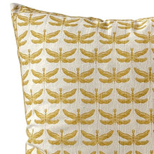 Load image into Gallery viewer, Cushion. Square Cotton, with Patterned Edge. Cream & Golden Yellow 'Dragonfly' Print. VF