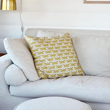 Load image into Gallery viewer, Cushion. Square Cotton, with Patterned Edge. Cream & Golden Yellow 'Dragonfly' Print. VF