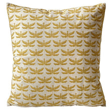 Load image into Gallery viewer, Cushion. Square Cotton, with Patterned Edge. Cream & Golden Yellow 'Dragonfly' Print. VF