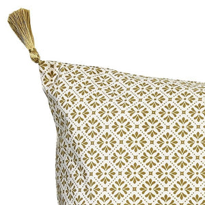Cushion. Rectangle Velvet Cushion. Cream and Golden Pattern with Tassels. VF.
