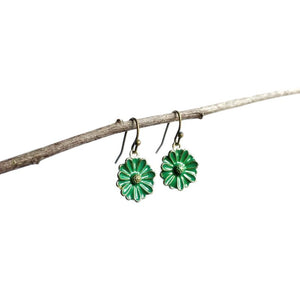 Earrings, Bronze Style Ear Wire Fixing, with Green Enamel Flower