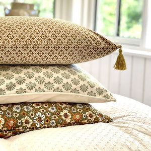 Cushion. Square Velvet, with Olive Green Floral Pattern. 'Kale' Design. Retro Vibe. VF