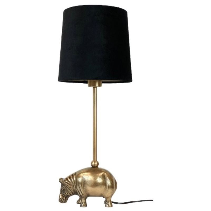 Table Lighting, Hippo Lamp, Brass Finish with Black Velvet Shade.