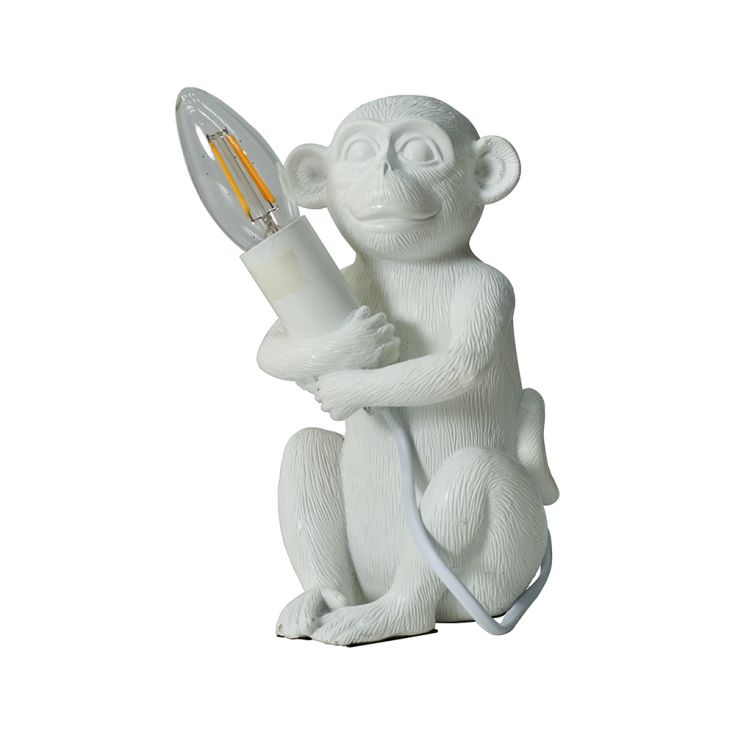 Table Lamp, Sitting Baby Monkey, in White, Holds a Bulb