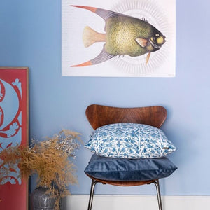 Cushion. Square Velvet, Patterned, 'Pacific' Cream, Blue Floral Design. VF