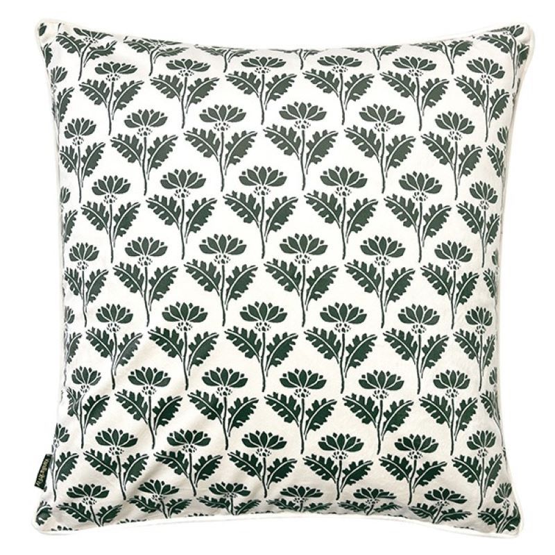 Cushion. Square Velvet, with Piping. Cream & Green Floral Design, 'Sea Moss'. VF