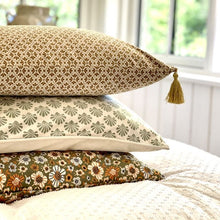 Load image into Gallery viewer, Cushion. Square Velvet, with Piping. Cream & Sage Green, Fan Design, 'Split Pea'. VF
