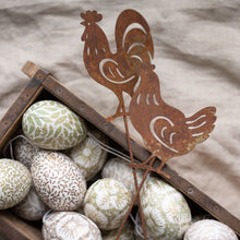 Load image into Gallery viewer, Pot Plant Flower Stakes, Rust Metal Finish, Set of 2 Chicken / Cockerel Spikes, Hens