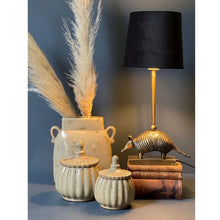 Load image into Gallery viewer, Table Lighting, Armadillo Lamp, Brass Finish with Black Velvet Shade.