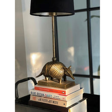 Load image into Gallery viewer, Table Lighting, Armadillo Lamp, Brass Finish with Black Velvet Shade.