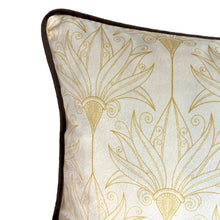 Load image into Gallery viewer, Cushion. Rectangle Velvet Cushion. Cream & Gold Pattern with Brown Piping & reverse VF