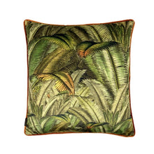 Load image into Gallery viewer, Cushion. Square Velvet, with Piping. Green and Orange Fern Pattern. VF