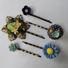 Load image into Gallery viewer, Hair Slide Set.  5 Bobby Pin hair accessories in &quot;Moody Blues&quot;
