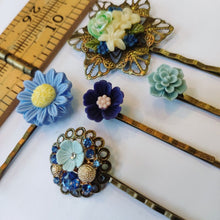 Load image into Gallery viewer, Hair Slide Set.  5 Bobby Pin hair accessories in &quot;Moody Blues&quot;
