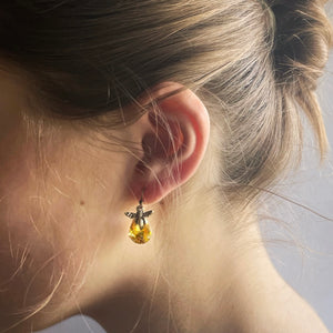 Earrings, Amber Style Stone with Short Bronze Hook, Tear Drop Stone