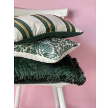 Load image into Gallery viewer, Cushion. Rectangle Velvet Cushion. Cream, Gold and Green Stripe with Green Piping. VF