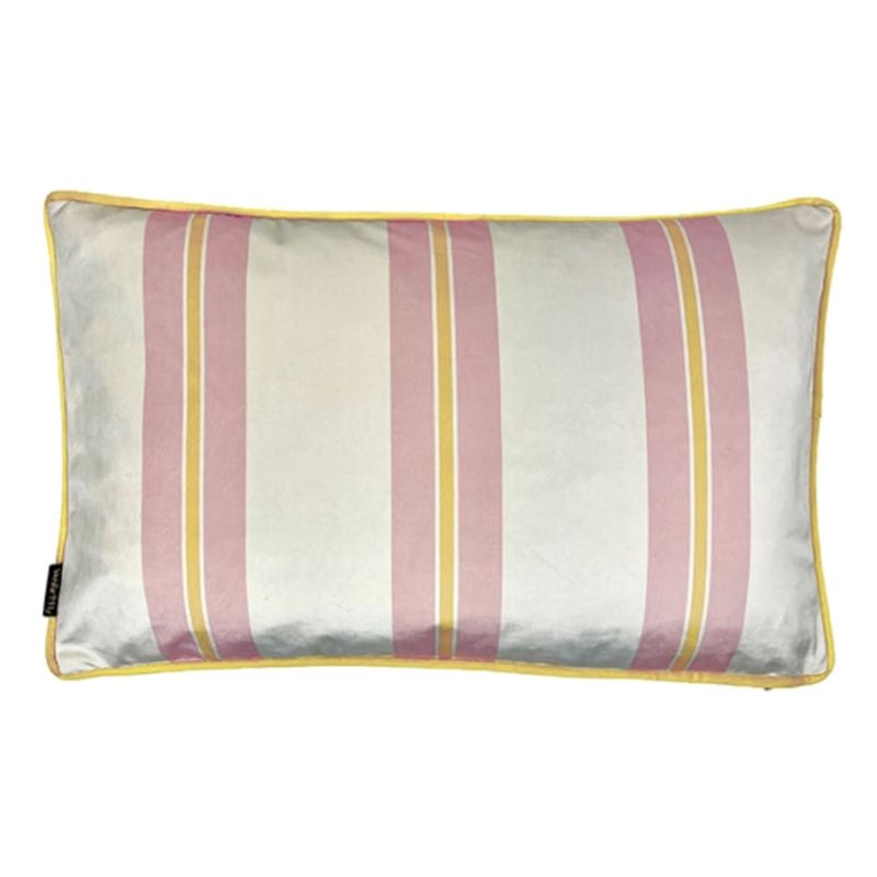 Cushion. Rectangle Velvet Cushion. Cream, Gold / Mustard and Pink Stripe with Gold Piping. VF  VF