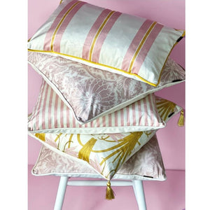 Cushion. Rectangle Velvet Cushion. Cream, Gold / Mustard and Pink Stripe with Gold Piping. VF  VF