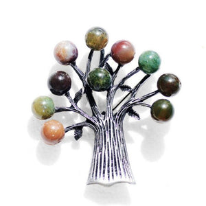 Brooch, Tree with Natural Green Stone Beads. Metal Alloy