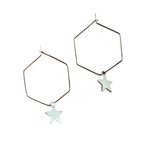 Earrings, Silver Colour Hexagon Wire Fixings with Silver Colour Star