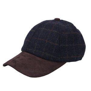 Hat, Tweed Baseball Hat in Navy Blue Check. One Size