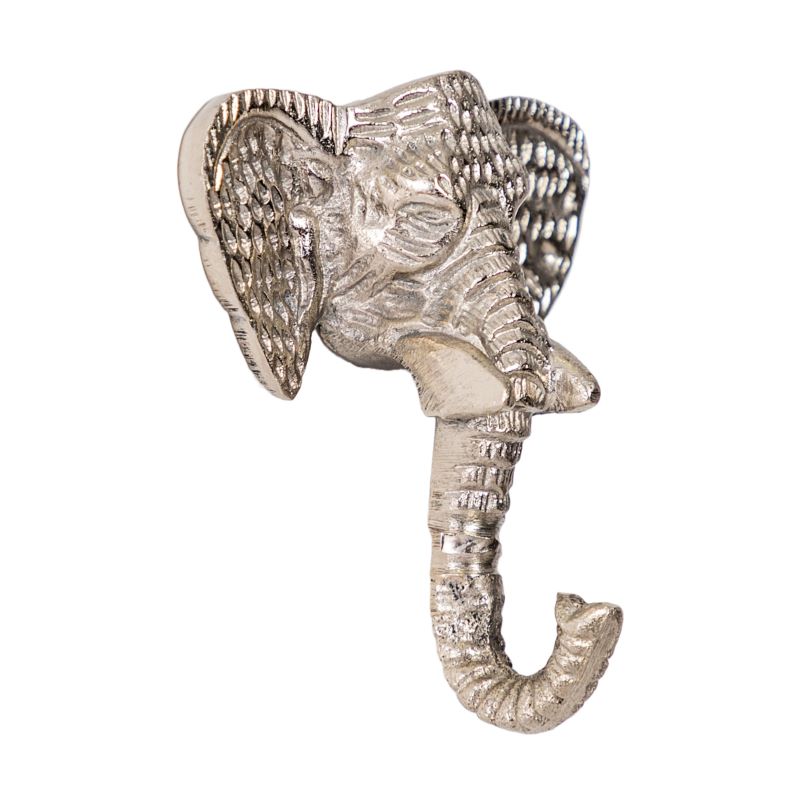 Hook, Raw Nickle / Silver Tone Metal Elephant Head Coat Hook