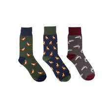 Load image into Gallery viewer, Socks, 3 pack, British Countryside Animals - Pheasant/Salmon/Stag
