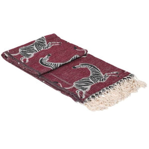 Throw, Zebra Reversible Design with Tassels. Colour, Wine and Grey