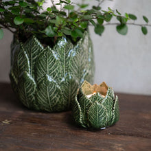 Load image into Gallery viewer, Candleholder , Green Stoneware, Botanical Leaf Candle Holder, for Small Candle
