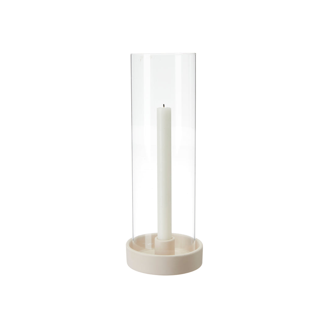 Candle Holder, Glass Cylinder 'Hurricane' Cover, White Dolomite Ceramic Base
