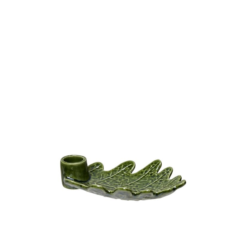 Candleholder , Green Stoneware, Botanical Oak Leaf Candle Holder, for Short Candle