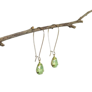 Earrings. Long Drop Hooped Ear Hook, Bronze Fixings. Soft Green Teardrop Style Stone.