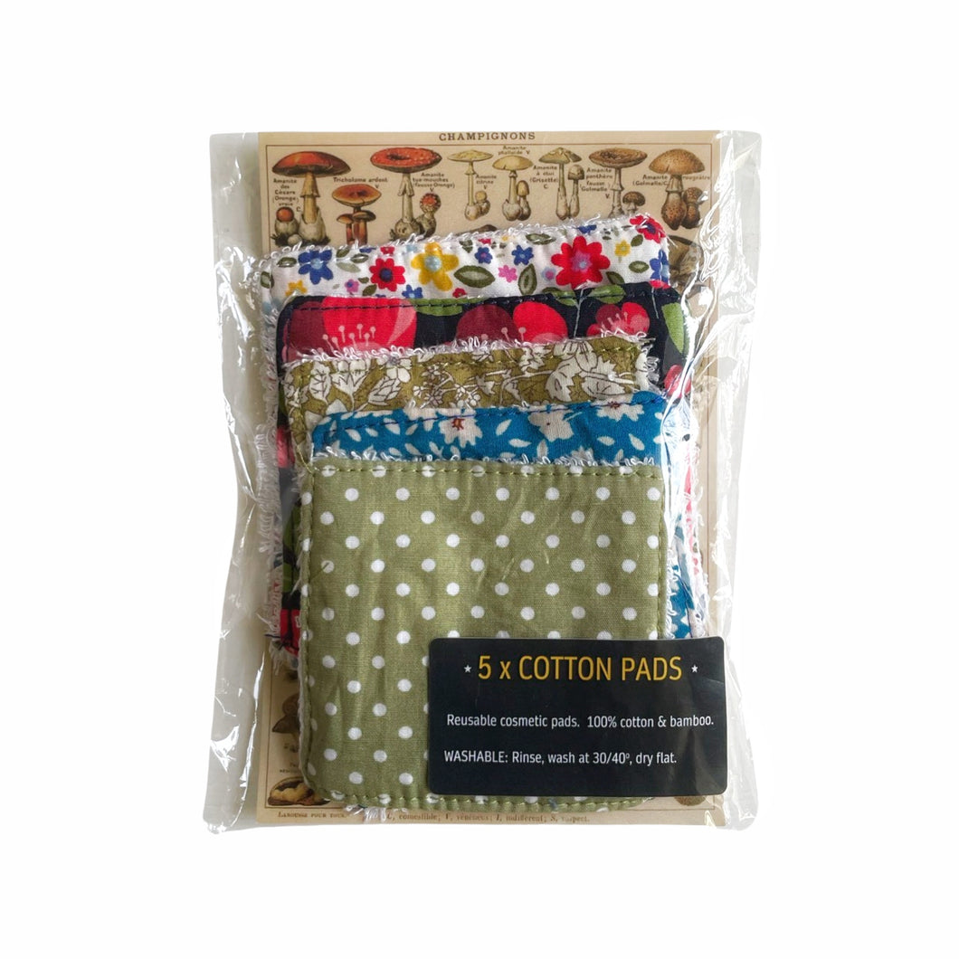 Washable Face Wipes, Handmade, 100% Cotton Outer, Bamboo Inner, 5 Pack. Floral Design.