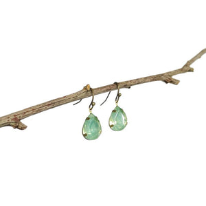 Earrings. Short Drop Ear Hook, Bronze Fixings. Soft Blue/Green Teardrop Style Stone.