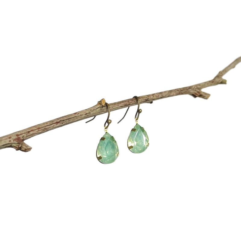 Earrings. Short Drop Ear Hook, Bronze Fixings. Soft Blue/Green Teardrop Style Stone.